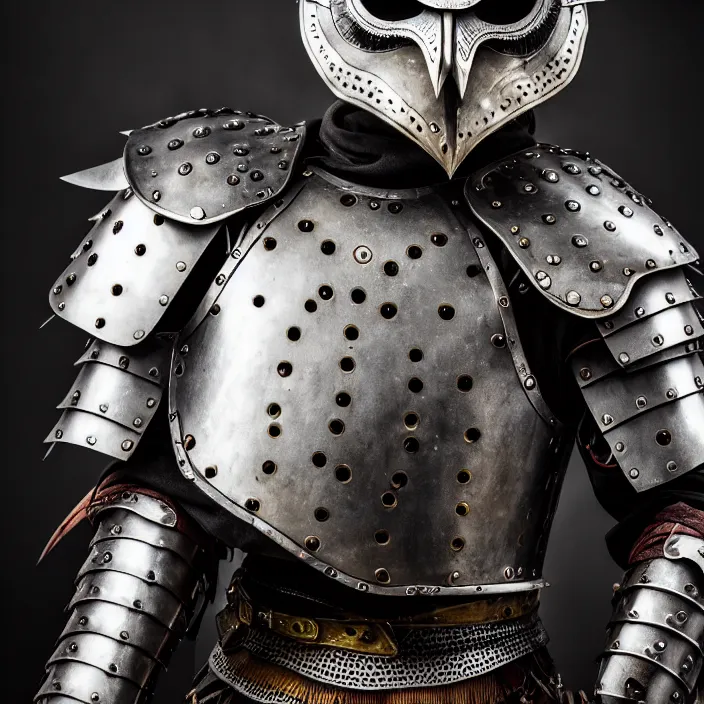 Prompt: portrait photograph of a real-life warrior with metal owl armour. Extremely detailed. 8k