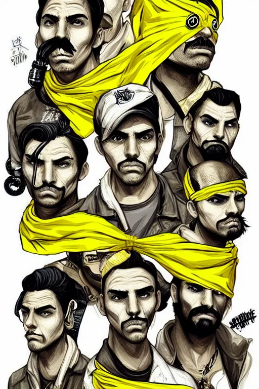 Image similar to saints street gang wear yellow bandanas, and some of them have thick mustachesdigital art, artgrem, illustration, concept art, pop art style, dynamic comparison, fantasy, bioshock art style, gta chinatowon art style, hyper realistic, face and body features, without duplication noise, hyperdetails, differentiation, sharp focus, intricate