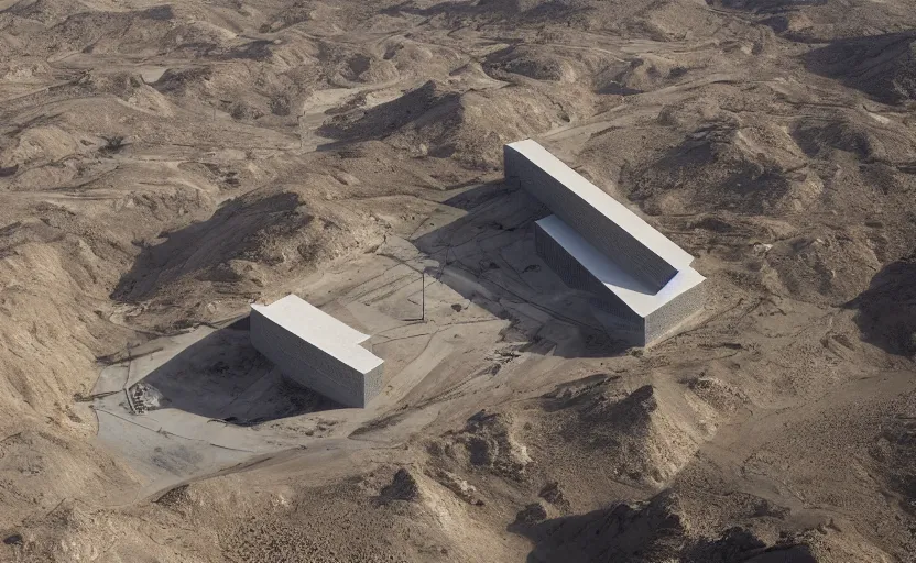 Prompt: tectonic structure, medical complex, in the desert beside the gulf, view from above, design by peter zumthor, dezeen, architectural photography