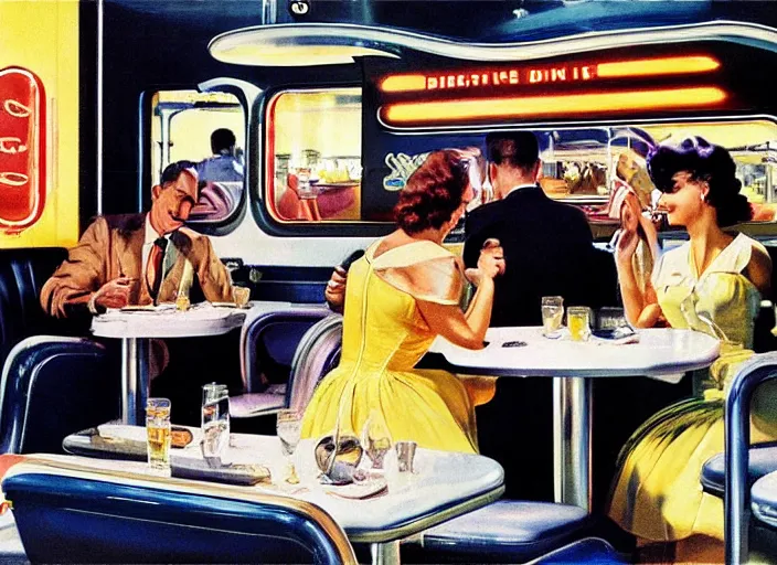 Image similar to diner, 1950s,jukebox,8K, by syd mead