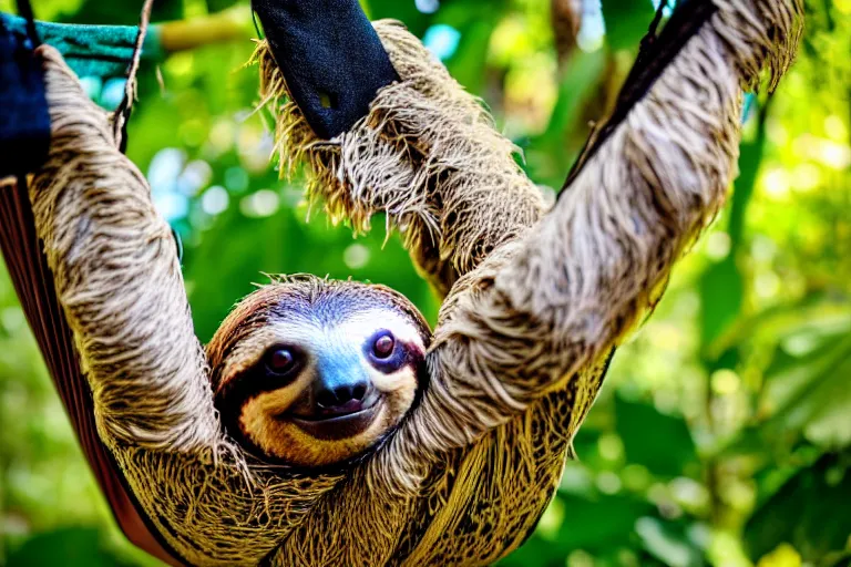 Image similar to a photograph of a sloth resting in a hammock in his garden, nature photography, sharp focus, long focal length