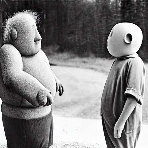 Prompt: old film photography of an old, hoary, chubby man and an realistic grey alien having a conversation