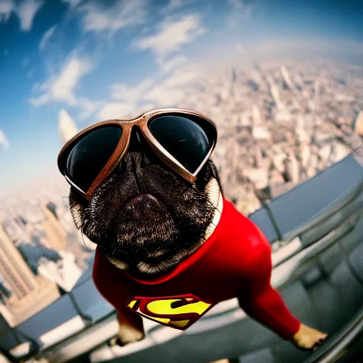 Prompt: A high quality action photo of a pug with old school brown pilot goggles flying like superman towards the camera, high above NYC, motion blur, high detail, zoomed in, fish eye lense