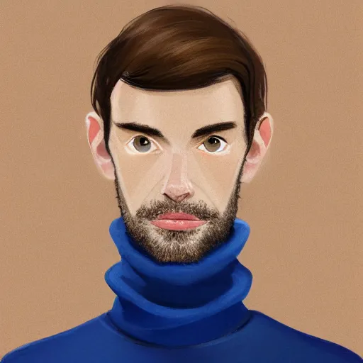 Image similar to gangly man with short light brown wavy hair, light brown stubble beard, no mustache, English heritage, blue eyes, middle aged, wearing a turtleneck and jacket, pale skin, narrow face, digital art, painterly, cartoon, cute, 8k, illustration, art by loish, painterly, trending on artstation, medium shot, uncropped