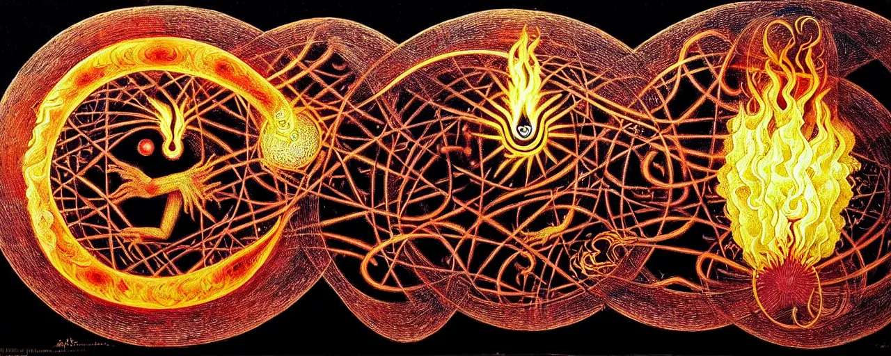 Image similar to a strange fire creature with endearing eyes radiates a unique canto'as above so below'while being ignited by the spirit of haeckel and robert fludd, breakthrough is iminent, glory be to the magic within, in honor of saturn, painted by ronny khalil