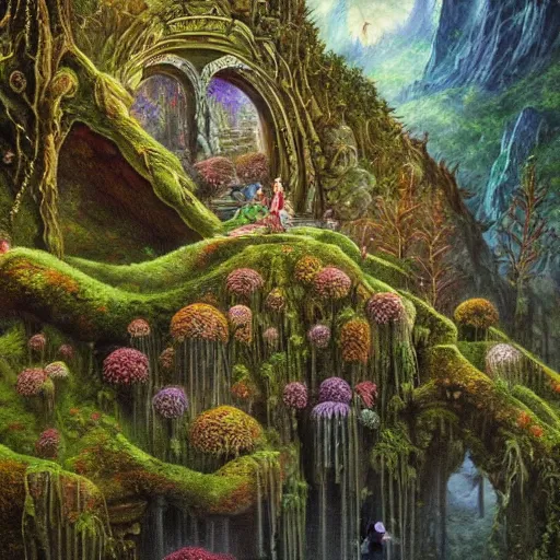 Prompt: a beautiful and highly detailed oil painting of an elven temple in the mountains, beautifully detailed ancient trees, lush plant growth, tall grass, colorful flowers, giant crystals, intricate details, epic scale, insanely complex, 8 k, sharp focus, hyper realism, fantasy landscape, psychedelic, by caspar friedrich,