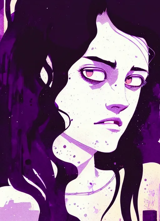 Image similar to highly detailed closeup portrait of beautiful carly chaikin as darlene alderson, wavy black hair, by atey ghailan, by greg rutkowski, by greg tocchini, by james gilleard, by joe fenton, by kaethe butcher, gradient purple, black and white color scheme, grunge aesthetic!!! ( ( graffiti tag wall background ) )