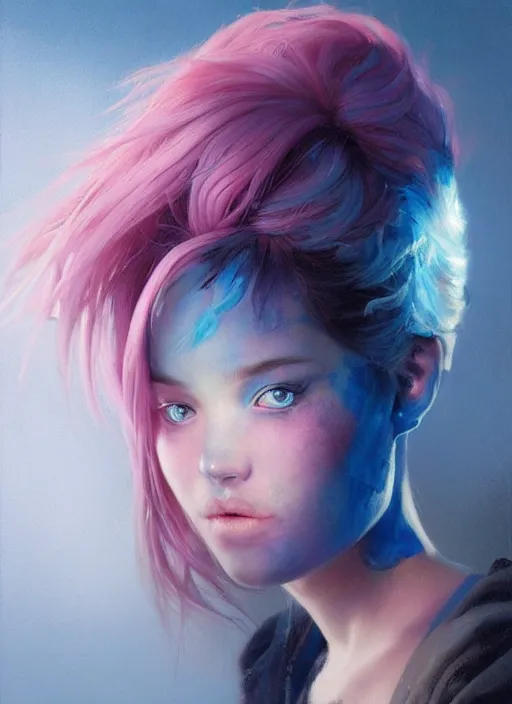 Image similar to girl with unkempt blue and pink hair, beautiful highly detailed face, complementary lighting, backlit, eyeshadow, divine, beautiful painting by artgerm and greg rutkowski and raymond swanland