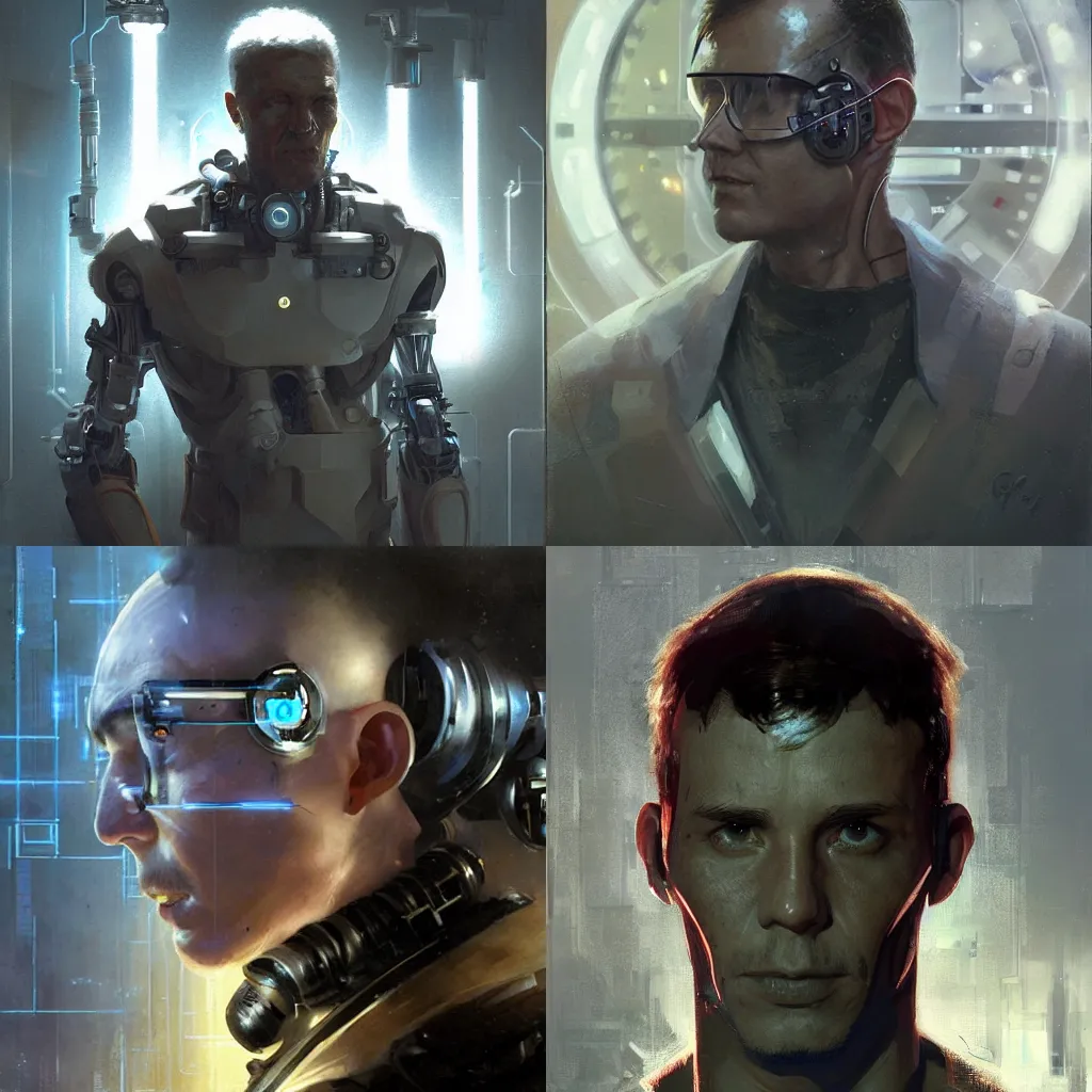 Prompt: a laboratory technician man with cybernetic enhancements, scifi character portrait by greg rutkowski, craig mullins