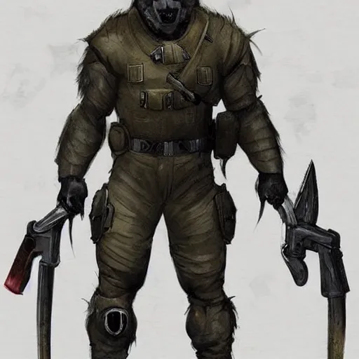 Image similar to a humanoid german shepherd beast - man in military style, he's wearing shoes, artstation, concept art, smooth, sharp foccus ilustration, artstation