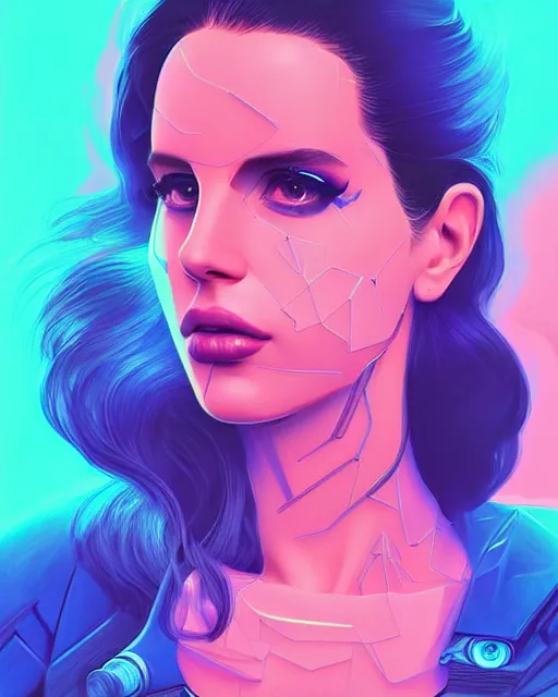 Image similar to portrait of lana del rey as a cyborg. realist abstract. key art. cyberpunk, blue and pink, intricate artwork. cyberpunk augmentations art by tooth wu, wlop, beeple, dan mumford. 8 k octane render, trending on artstation, greg rutkowski very coherent symmetrical artwork. cinematic, hyperrealism, very detailed, iridescent accents