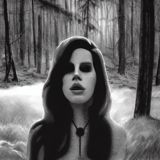 Image similar to trail cam footage of lana del rey, photorealistic, horror