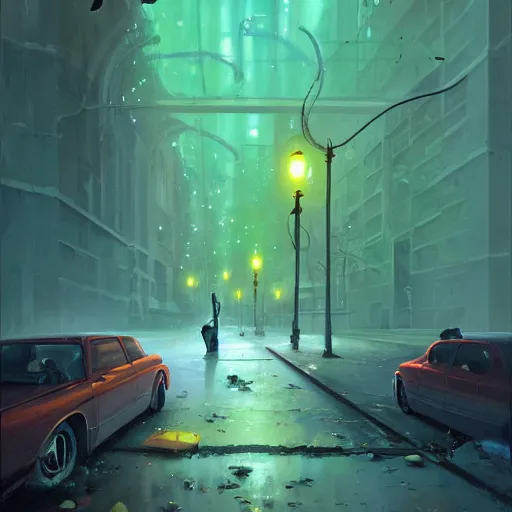 Prompt: the blob, a being of green ghostly ooze making its way through abandoned midnight streets, ray swanland, rhads,