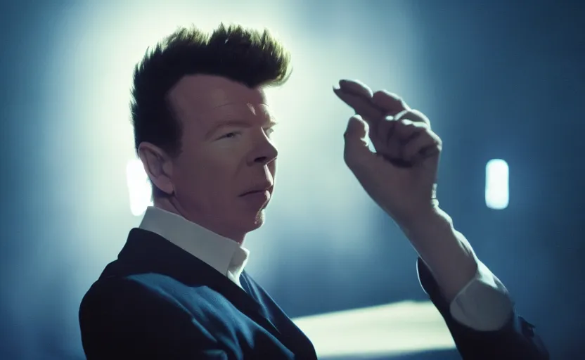 Prompt: photo of rick astley abandoning someone, dramatic blue dark lighting, ultra detailed, movie frame, cinematical composition, 4 k, emotional