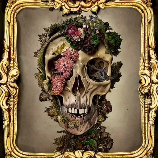 Image similar to a beautiful detailed front view baroque portrait of a rotten woman corpse becoming almost a skull with fractal plants and fractal flowers and mushrooms growing around, intricate, ornate, volumetric light, beautiful lit, polaroid photography