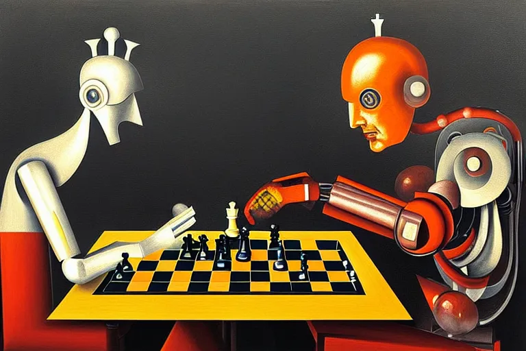 Image similar to portrait of a robot playing chess, highly detailed, painting by otto dix, 8 k