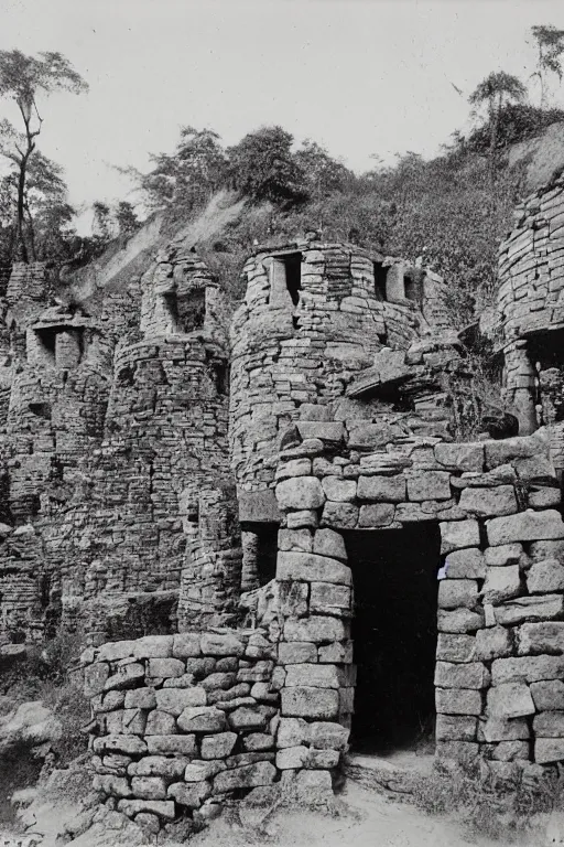 Prompt: long and tall organic stone houses, stone village, jungle, black and white photography, year 1 9 0 0