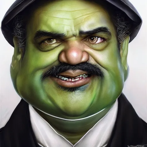 Prompt: hyper realistic, realistic - anime, portrait, beautifully rendered, italian garb the future, star wars, caricature, luis guzman as luigi wearing green, smirking deviously, luigi, luigi's nose, painted by gustave courbet, greg rutkowski, wlop, artgerm, dishonored 2,