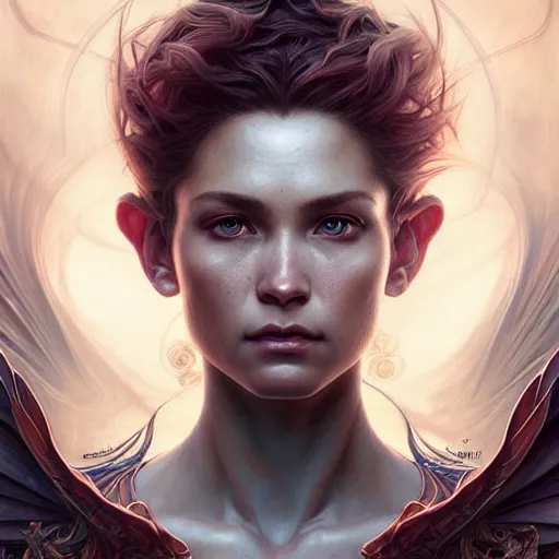 Prompt: portrait painting of a human fusion with a dragon, ultra realistic, concept art, intricate details, eerie, highly detailed, photorealistic, octane render, 8 k, unreal engine. art by artgerm and greg rutkowski and charlie bowater and magali villeneuve and alphonse mucha