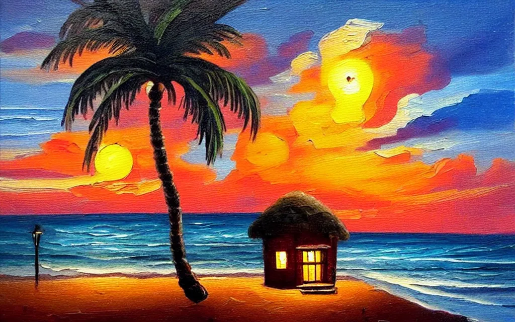 Image similar to a very very small island! cute cozy cottage!! and lanterns!!!, chairs, fireplace, palm trees, dark very late evening cloudy sunset, dramatic and dynamic lighting, thick brush strokes oil impasto painting