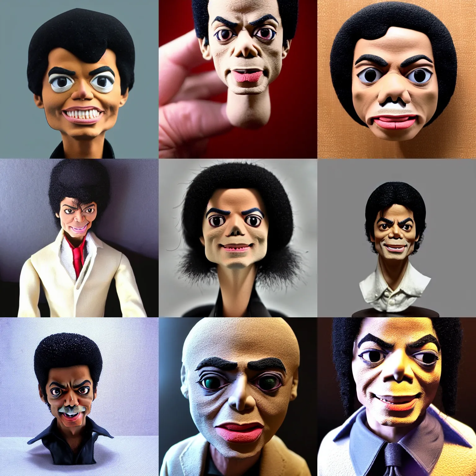 Prompt: michael jackson!!! very extremely realistic!!! extreme likeness!!! smooth specular clay! extremely close smooth specular sculpted headshot of michael jackson clay puppet , soft light, fog , on wooden table. style: claymation puppet kids clay , by guldies