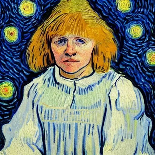 Image similar to detailed portrait of boris johnson as an 1890s peasant milkmaid sitting in her bedroom on a starry night painted by van gogh