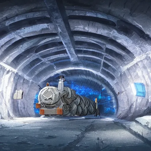 Prompt: concept art painting of a mine tunnel with blue crystals, realistic, detailed, cel shaded, in the style of makoto shinkai and greg rutkowski and james gurney