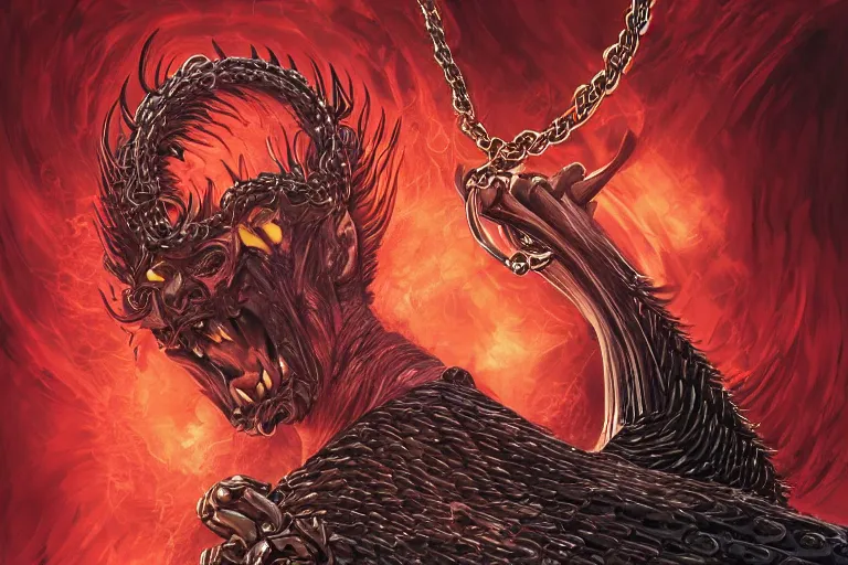 Image similar to lucifer, dark angel, demon, satan, red eyes, chain, handcuffs, large chain, wide open mouth, scream, cruelty, light effect, hyper detailed, intricate, elegant, highly detailed, digital painting, artstation, concept art, matte, sharp focus, illustration, by dan mumford, yusuke murata, makoto shinkai, ross tran