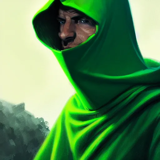 Image similar to portrait of a chad programmer with green hood by greg rutkowski, 4 k, close up