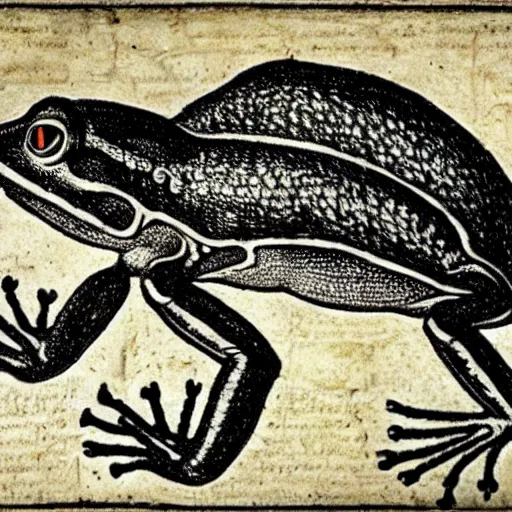 Prompt: an detailed anatomical diagram depicting the dissection of a frog. 15th century medical textbook. high quality etching.