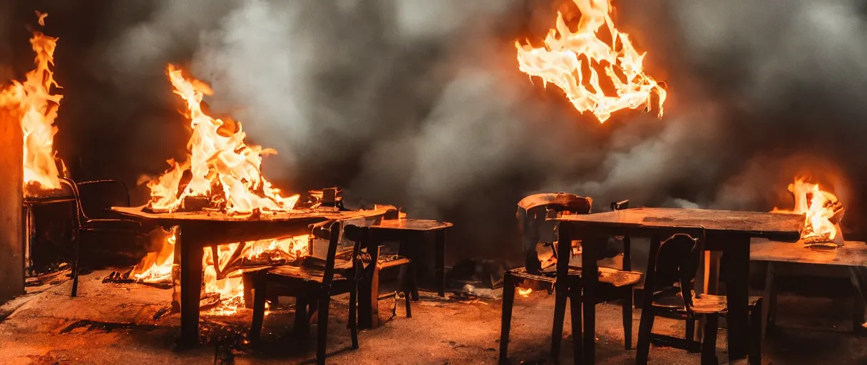 Image similar to a photograph of a big fire on a dining room on fire, only remains a wooden table and a chair (no fire at all there), an human-like relaxed dog sitting at this table, ☕ on the table, surrounded by flames, a lot of flames behind the dog, black smoke instead of the ceiling, no watermark