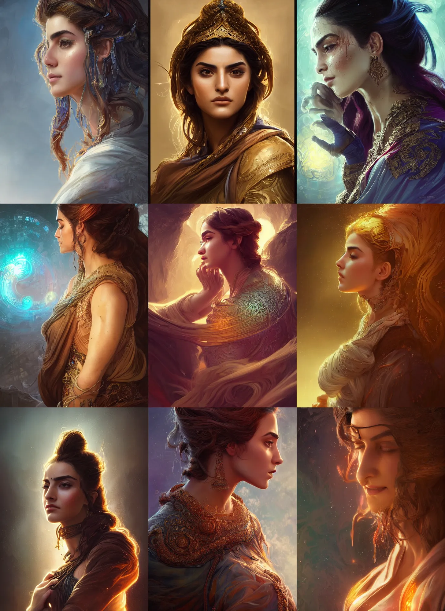 Prompt: Sorcerer, Maya Ali, side profile portrait, sweat drops, fibonacci fractals, insane, prismatic, intricate, highly detailed, digital painting, artstation, concept art, smooth, sharp focus, illustration, Unreal Engine 5, 8K, art by artgerm and greg rutkowski and alphonse mucha