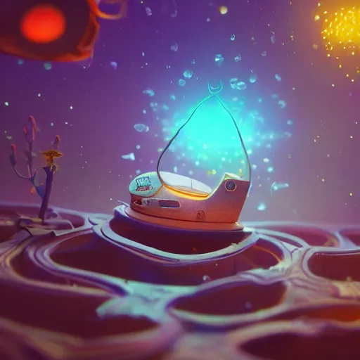 Image similar to tiny wooden spaceship, floating, rbc, radiolaria, protophyta, micro - organisms, center frame, symmetric, rim light, marine microbiology, bioluminescence, electric, soft, concept art, intricate details, highly detailed, colorful, photorealistic, disney pixar, octane render, iridescent, anime, 8 k