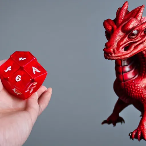 Image similar to a red dragon holding a red icosahedron die, white background