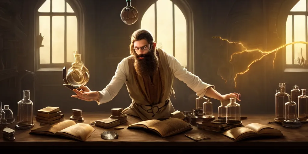 Prompt: a handsome bearded caucasian male sorcerer with brown hair he is casting a spell from a open book on the table, he is in a alchemist lab filled with beakers and equipment, neutral pose, epic composition, 4 k, light rays, super coherent, by dave melvin, dan luvisi and greg rutkowski