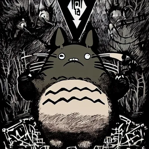 Prompt: totoro in a black metal band in a concert, dressed like band metal marduk, mayhem, burzum, immortal, a crowd cheering, a drummer, electric guitar, sparkles all around, fantasy digital art, wow, stunning, ghibli style, hight quality