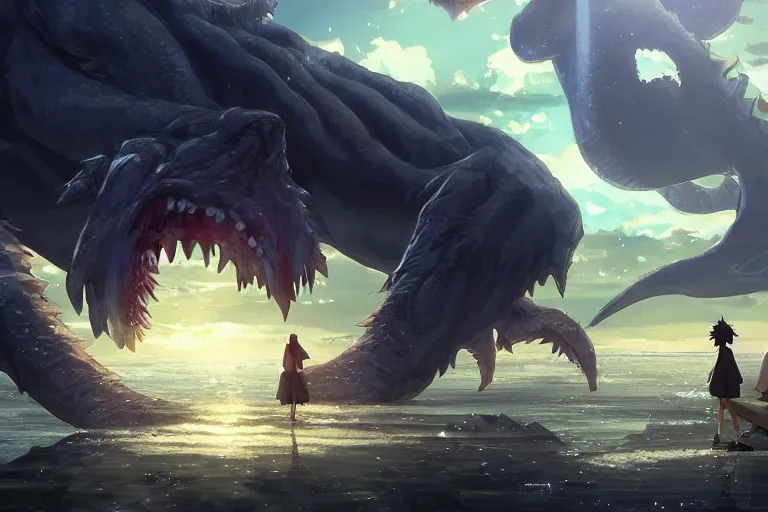 Image similar to giant monster eating everybody, highly detailed, 4k resolution, lighting, anime scenery by Makoto shinkai