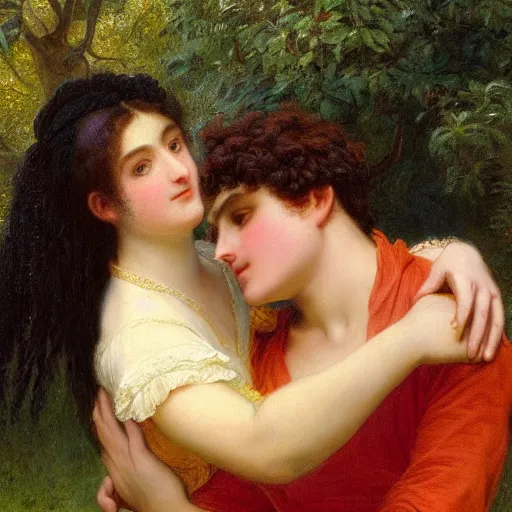 Image similar to young man in orange shirt and young woman in green dress with black hair hugging, by pierre - auguste cot