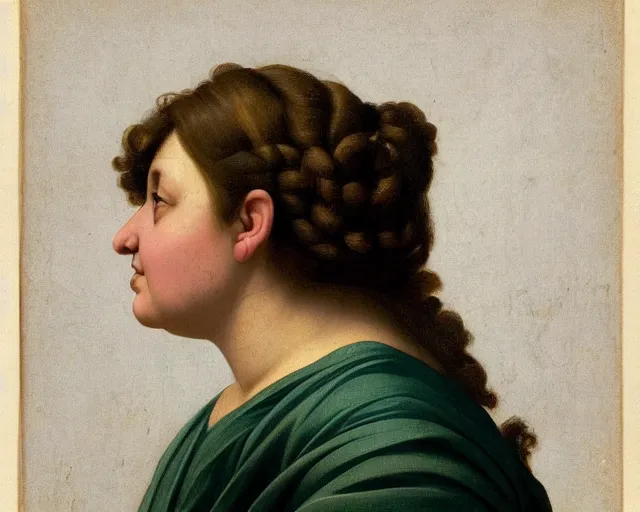 Image similar to colored portrait. the same style. a very unique profile, seen from the side, medium shot, of a woman's profile, with fat face, a straight and long nose, and huge and prominent eyes. her hair is curly. old photograph. sharp image. academicism, highly detailed, color harmony, art station, ornate, caravaggio style. old photography