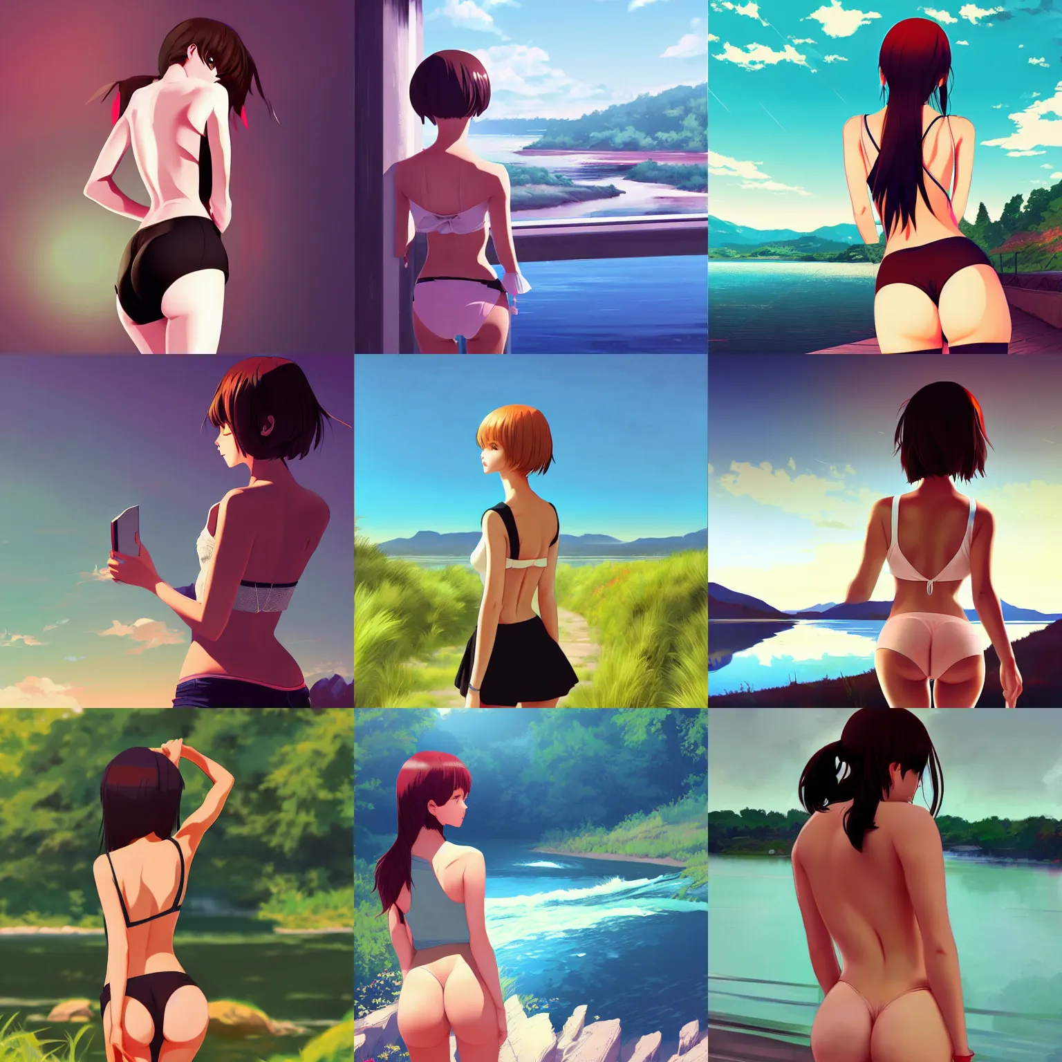 Prompt: girl seen from the back, hand on her hips, scenic view of river, in the style of ilya kuvshinov, high definition anime art, gorgeous, sexy, hot