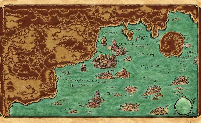 Image similar to super mario world map, antiquated, stained, cartography, photorealistic