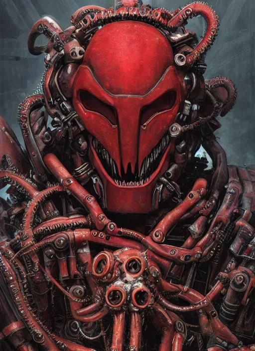 Image similar to portrait of rotten Nicolas Cage as adeptus mechanicus in red hood and robe from Warhammer 40000, mechanical tentacles. Highly detailed, artstation, illustration by and John Blanche and zdislav beksinski and wayne barlowe