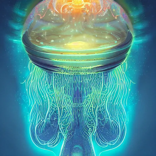 Prompt: intricate holographic quantum ghostwave entanglement jellyfish made of microcircuitry and transistors in a glowing deap sea by peter mohrbacher and dan mumford, trending on artstation, cgsociety 4 k