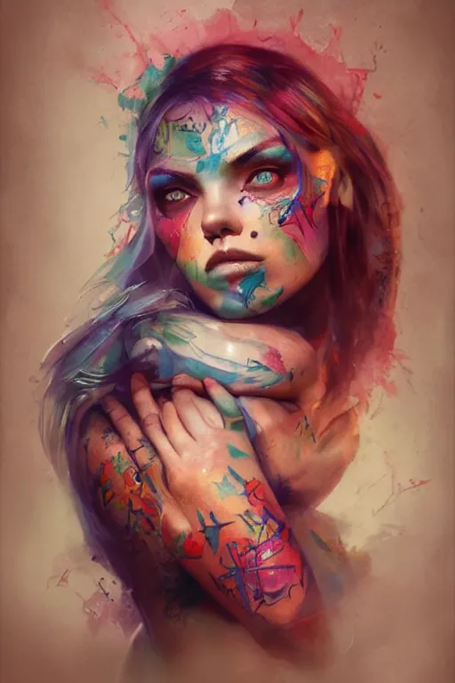 Prompt: girl face with colourful tattoo, volume light, by bastien lecouffe deharme