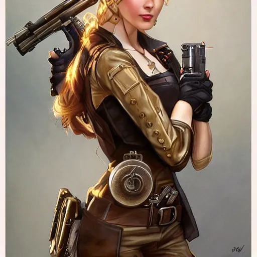 Image similar to Three quarters portrait of a beautiful steampunk female holding gun, highly detailed, digital painting, art by Stanley Lau and Artgerm and magali villeneuve and Alphonse Mucha, artstation, octane render, cgsociety