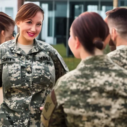 Prompt: attractive woman veteran wearing an army shirt talking with friends