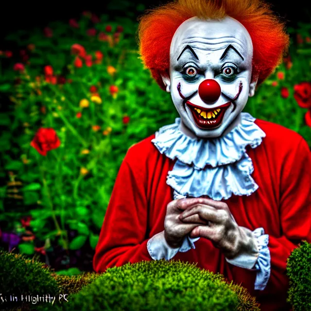 Prompt: creepy clown in your garden, highly detailed, 8 k, hdr, smooth, sharp focus, high resolution, award - winning photo