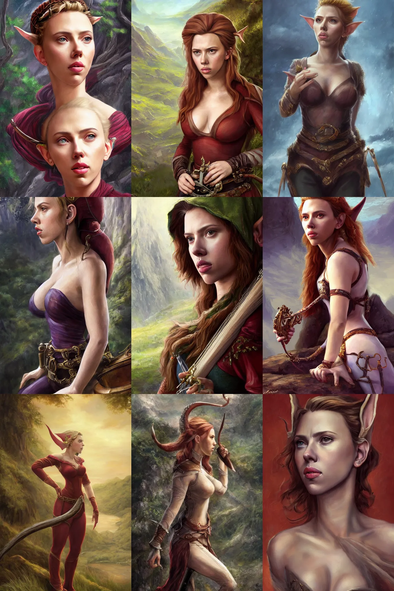 Image similar to a full body high detail fantasy portrait oil painting illustration of scarlett johansson as a beautiful sophisticated posing bard elf by justin sweet with face and body clearly visible, in a scenic background, pupils visible, realistic proportions, d & d, rpg, forgotten realms, artstation trending, high quality, sombre mood, artstation trending, muted colours, entire person visible!