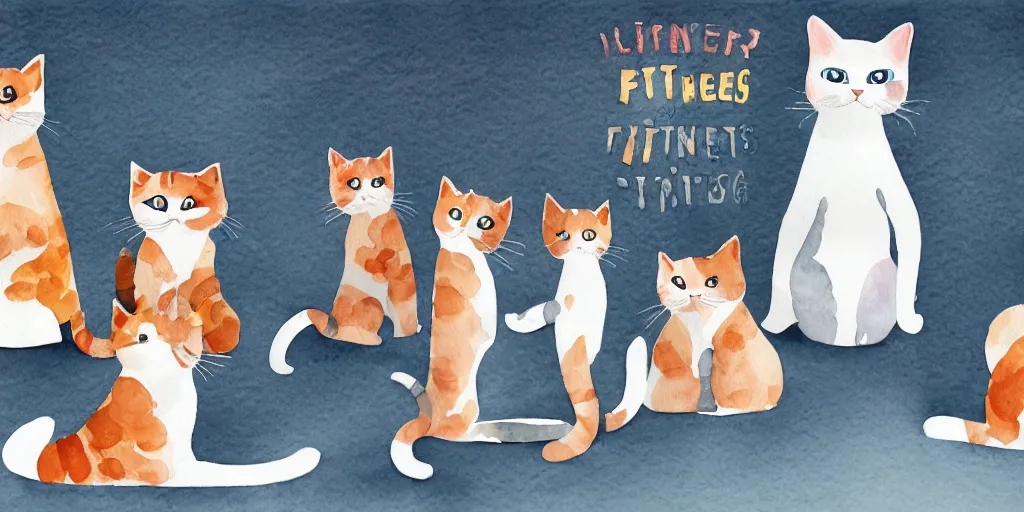 Image similar to watercolor illustration style, cute cats training in the fitness studio environment