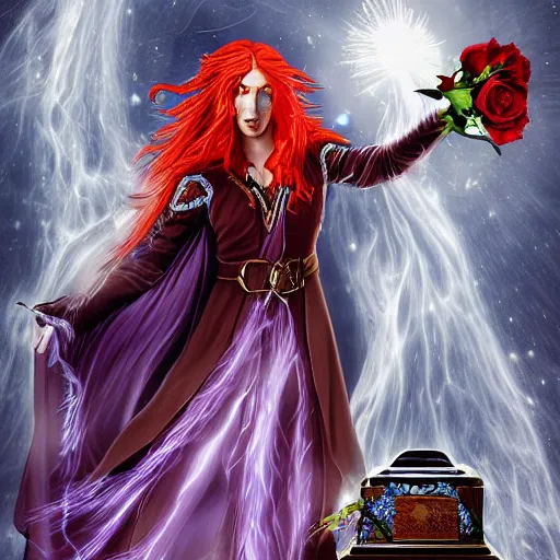 Prompt: The celestial warlock (a beautiful half elf with long red hair) clumsily knocks a single red rose from the top of a funerary urn, releasing an angry wraith from inside the urn. The urn is on the floor, the rose is falling. Dramatic digital art illustration in comic book style by Simon Bisley